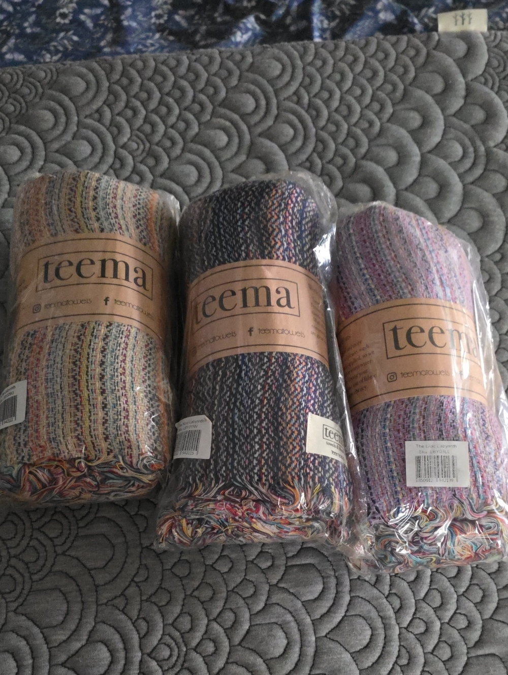 Teema Towels X 3 All In Original Packaging Tan, Lilac Navy Labyrinth